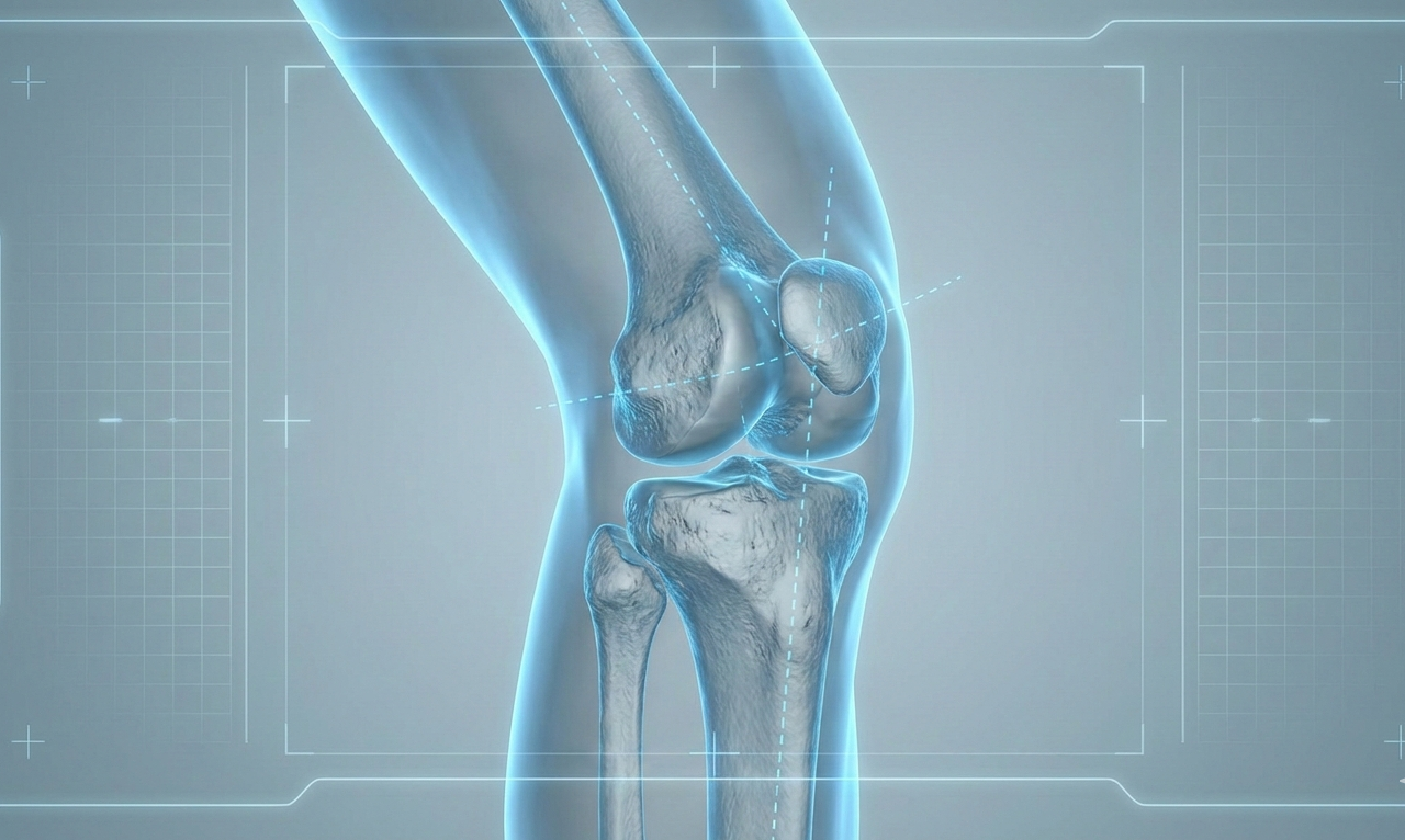 3D medical illustration of a human knee joint showing bones and alignment in a semi-transparent anatomical view, based on CT scan reconstruction