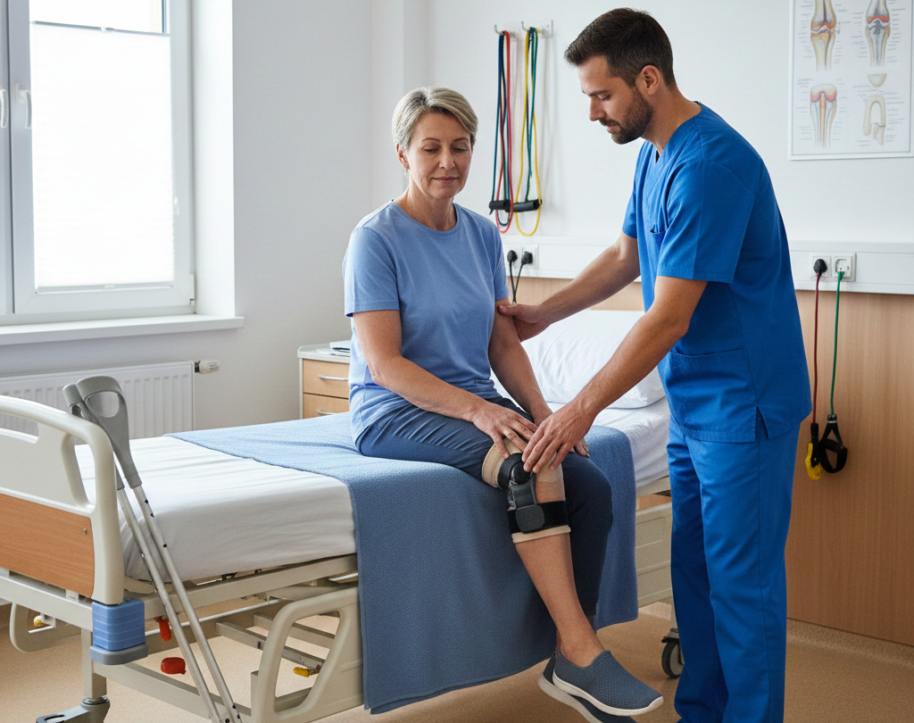 Post-operative knee replacement recovery with a patient receiving assisted knee movement during physiotherapy in a hospital setting